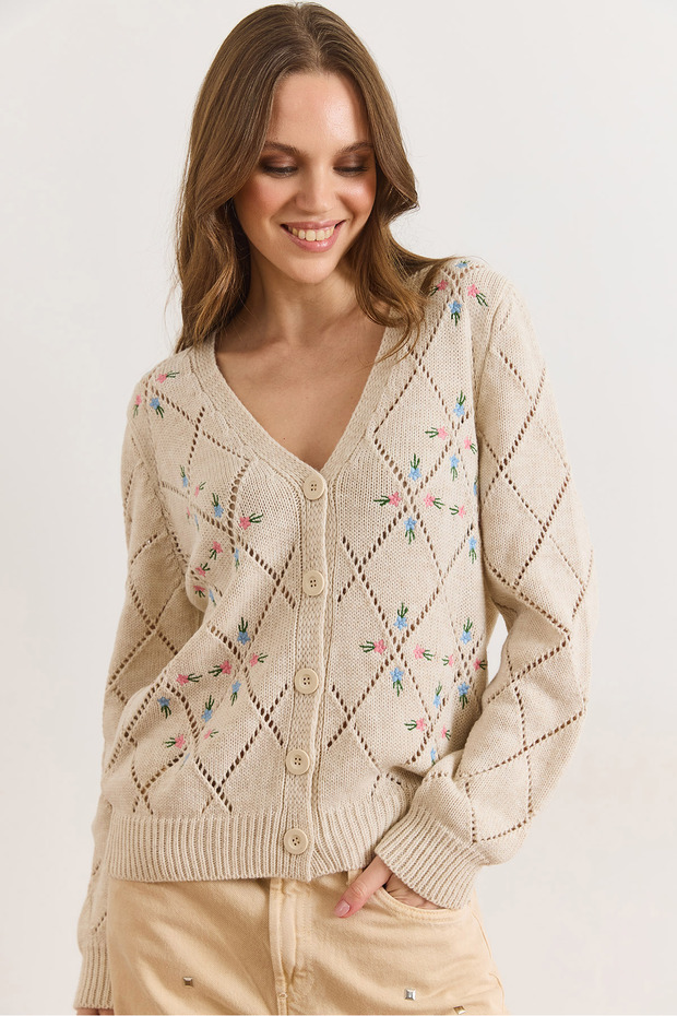 Women's Stone Embroidered Short Knitwear Cardigan Hrk-19000474