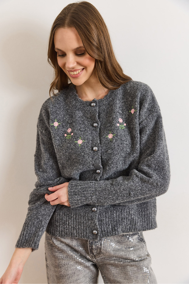 Women's Anthracite Embroidered Button Detailed Soft Textured Cardigan Hrk-19000477
