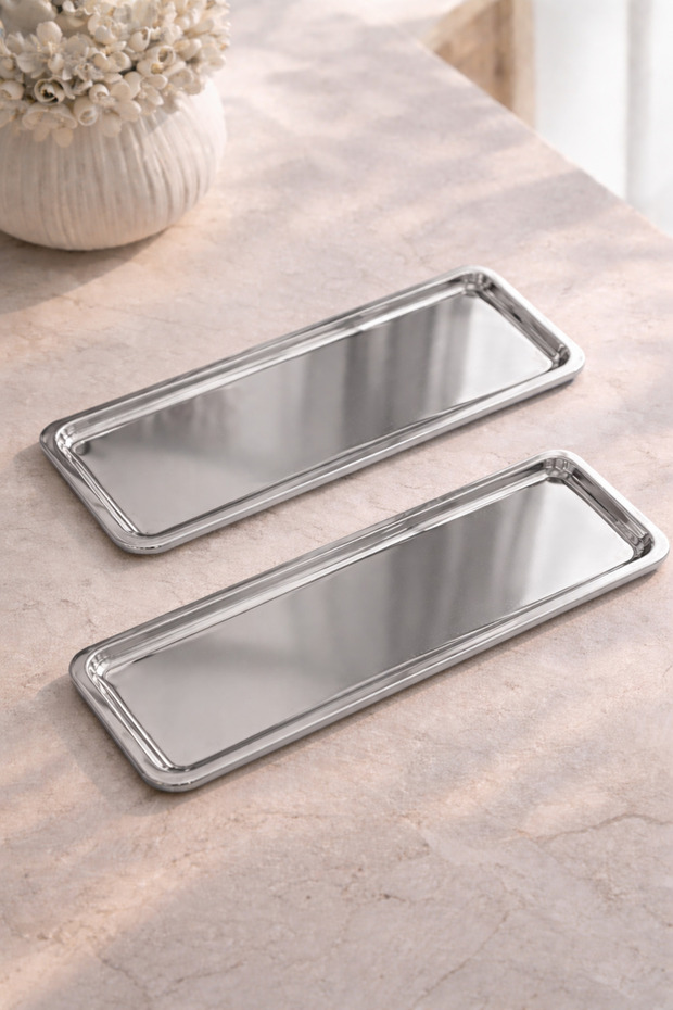 2 قطعة من صينية تقديم القهوة المستطيلة المصنوعة من الفولاذ المقاوم للصدأ باللون الفضي - 1