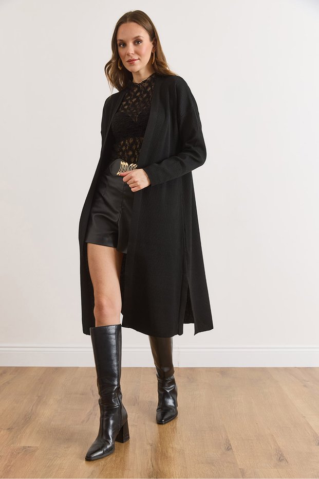 Women's Black Ribbed Tok Knitwear Cardigan with Side Slits Hrk-19000478