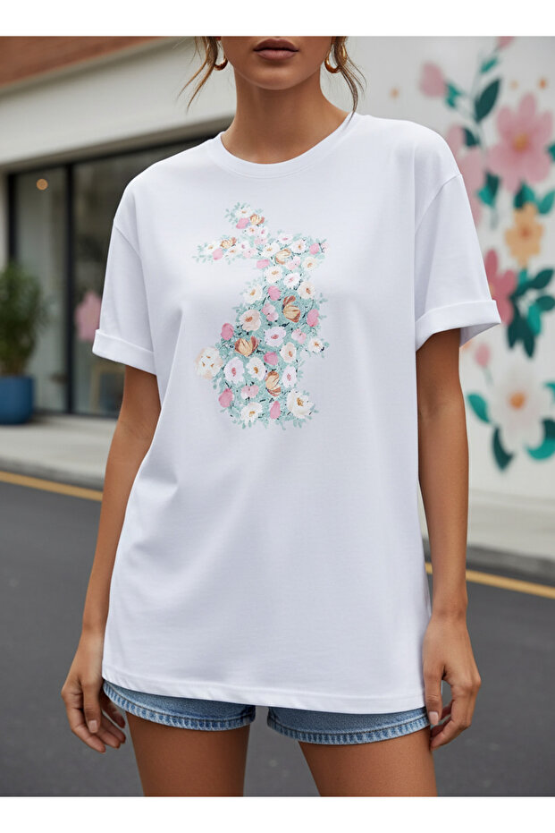 Women's Floral Rabbit Printed 100% Cotton Oversize White T-Shirt