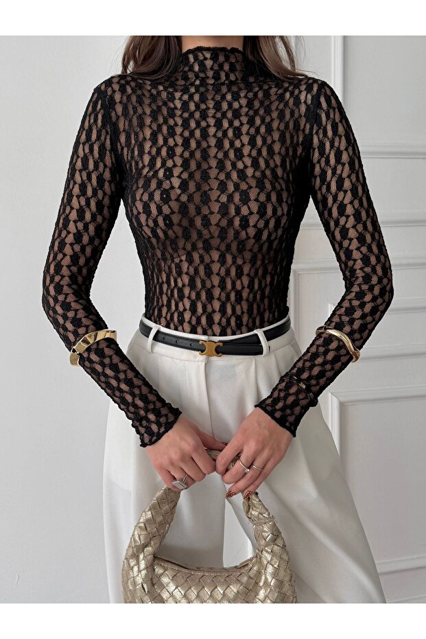 Siyah Dantelli Transparan Bluz - 4