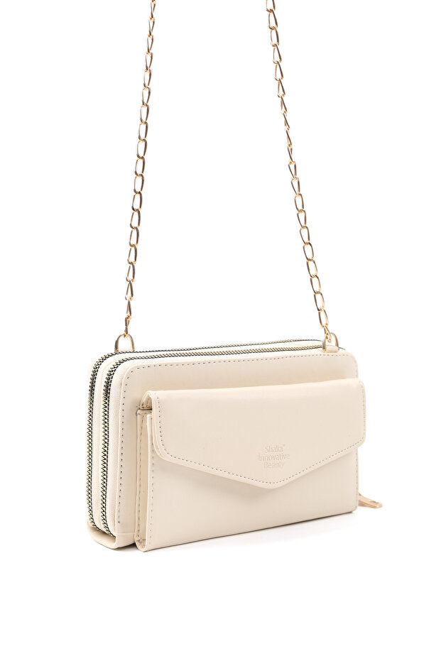 Cream Shk271 Faux Leather Envelope Model 5 Compartments, Chain, Phone Holder and Shoulder Bag