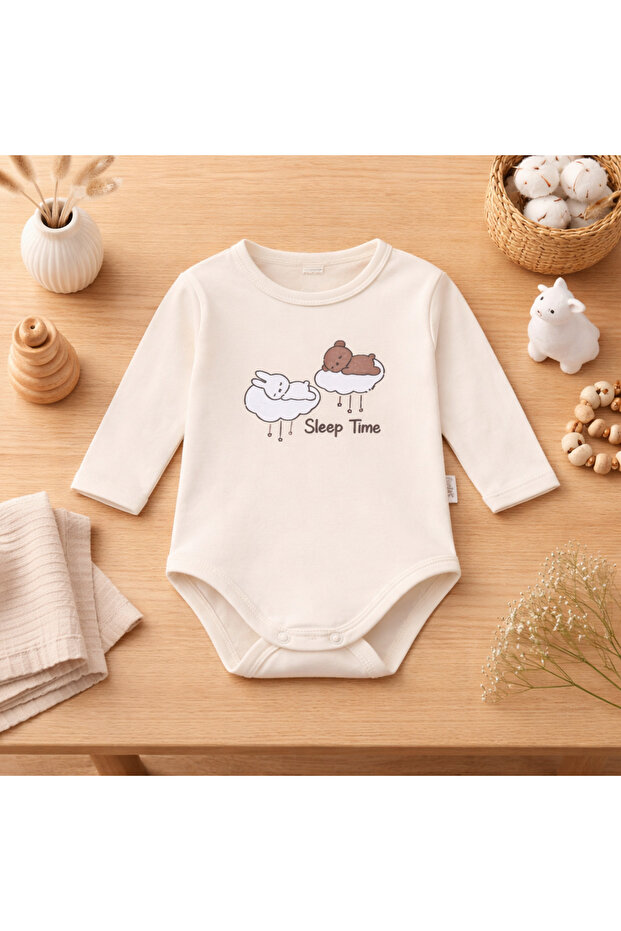 Cotton Crew Neck Baby Bodysuit with Snap Fasteners on the Shoulder and Bottom