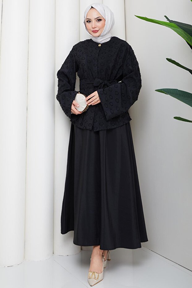 طقم مزدوج بنقش حلقي منقوش باللون الأسود HM2881 - 1