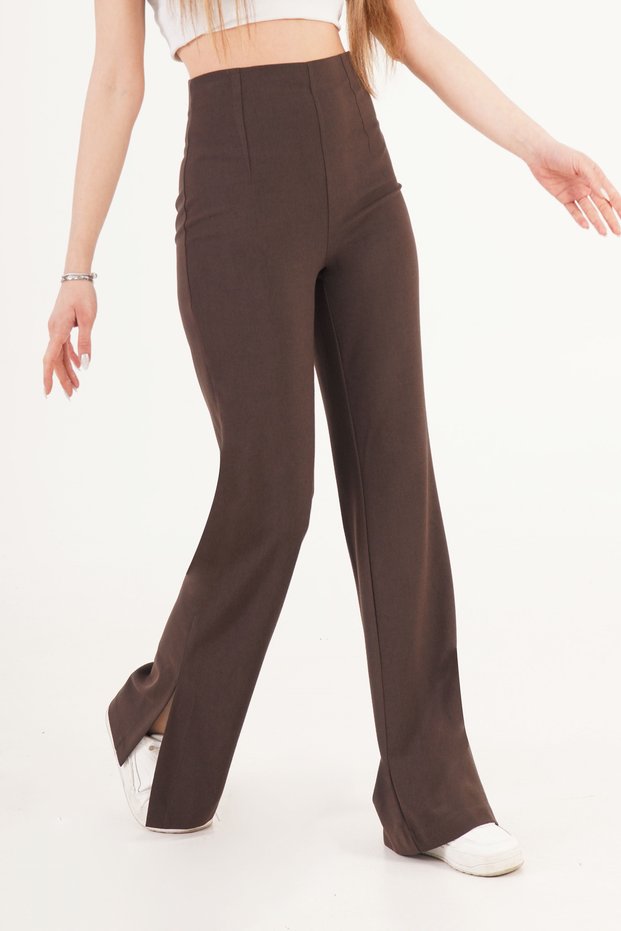 High Waist Bell-Bottom Slit Coffee-Colored Trousers