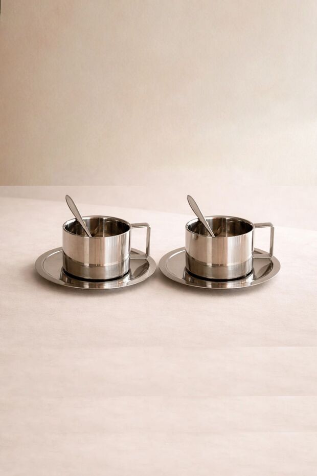 2-Piece Stainless Steel Coffee Cup Set, 6-Piece Set with Plates and Spoons, Durable and Stylish Presentation