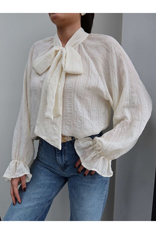 Fular Yakalı Oversize Gömlek - 3