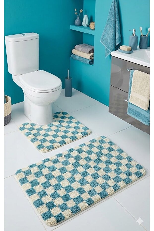 Chess Checkerboard Patterned Latex Non-Slip Base Machine Washable 2-Piece Bohemian Bath Mat 60X100 60X50