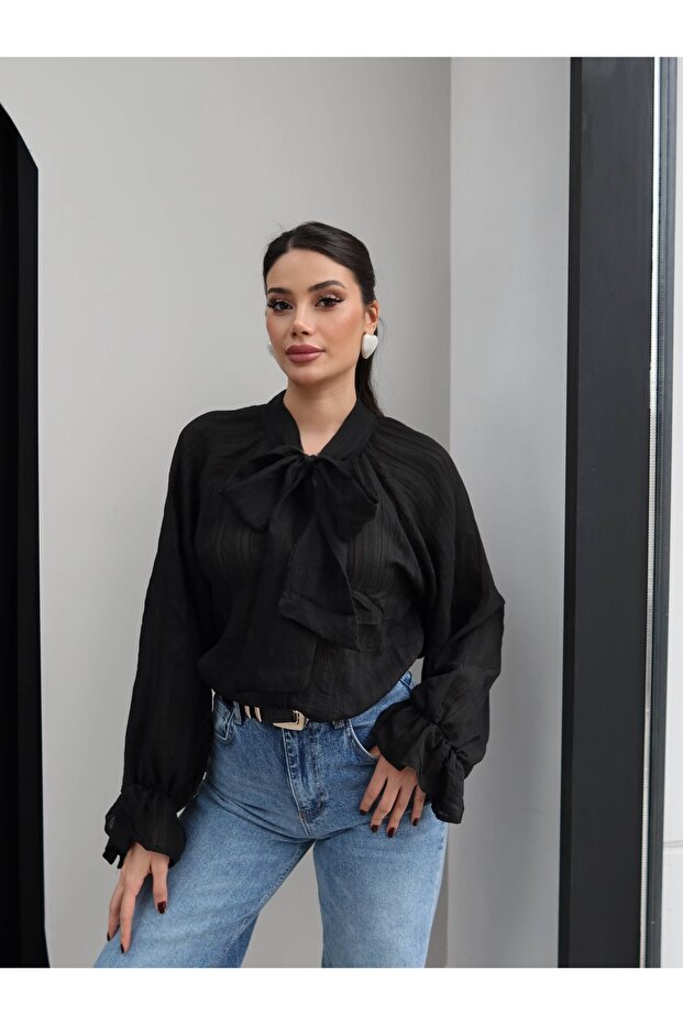 Fular Yakalı Oversize Gömlek - 2