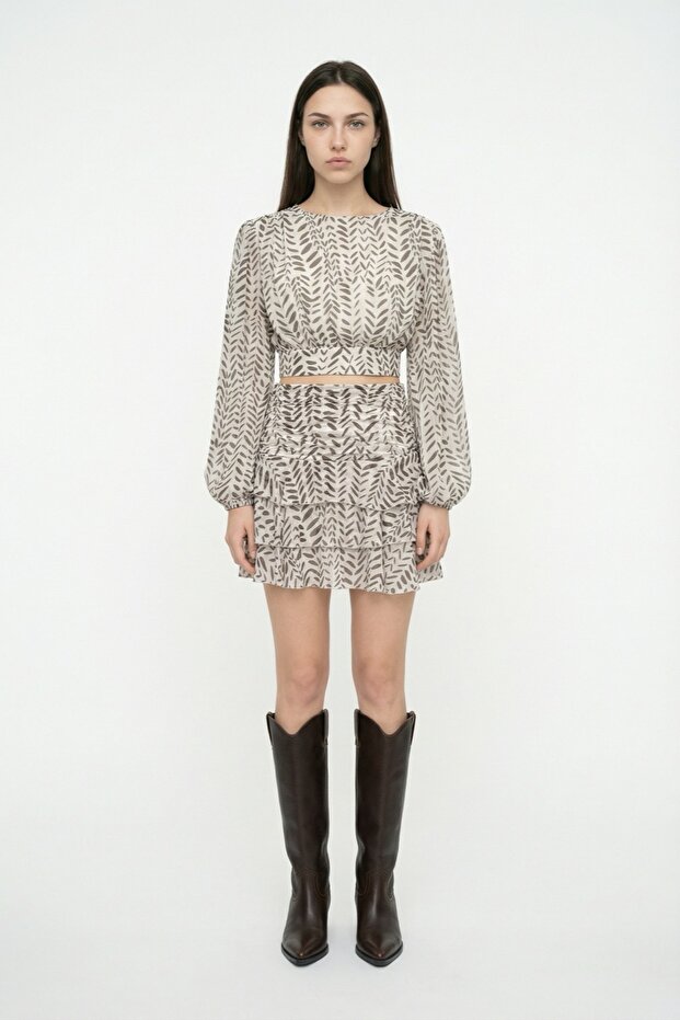 Patterned Backless Crop Blouse Khaki - 1