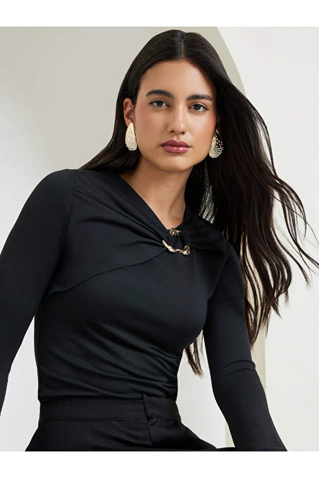 Black Knit Top with Gold Metal Detail