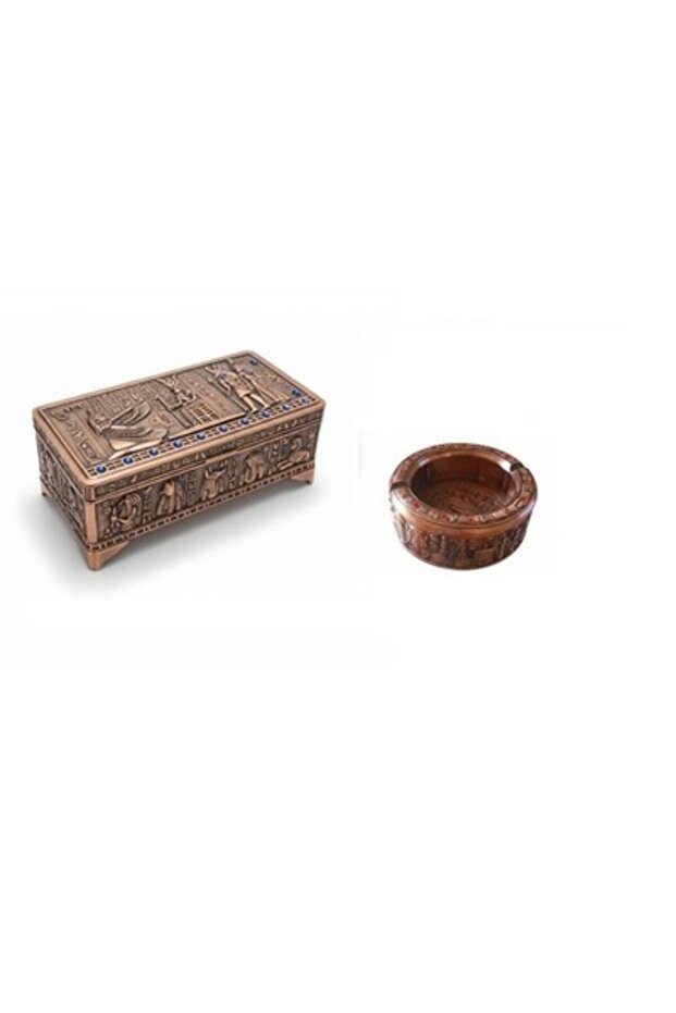 طقم صندوق مجوهرات مصري عتيق من البرونز ومنفضة سجائر من الحجر الأحمر - عمل فني ثلاثي الأبعاد مصنوع يدويًا