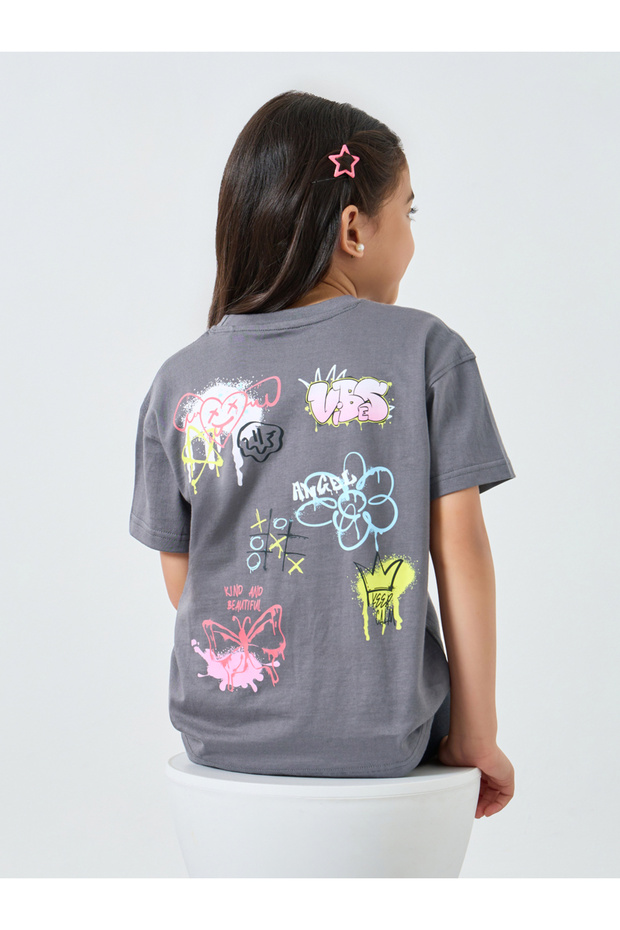 Girls Grey Graphic Print Oversized Cotton T-Shirt