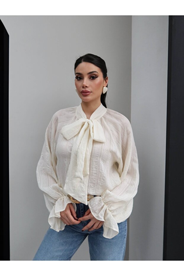 Fular Yakalı Oversize Gömlek - 2