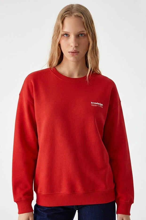 Women's Red Sweatshirt with Chest Text Print