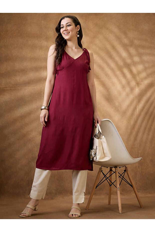 Woven Design Tie-Up Neck A-Line Fusion Kurta