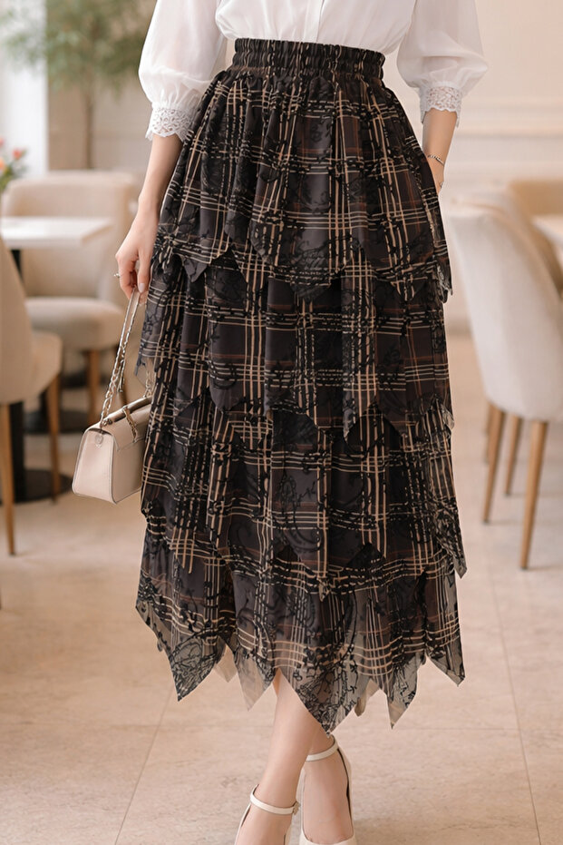 Layered Flocked Skirt A60691 Black