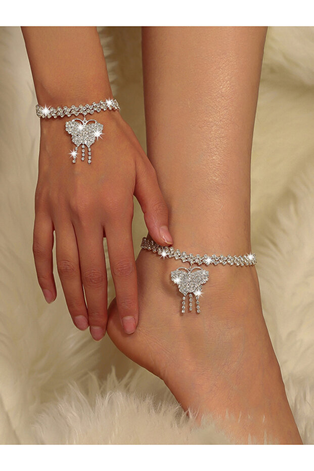Women Silver Heart Rhinestone Anklet and Bracelet Set