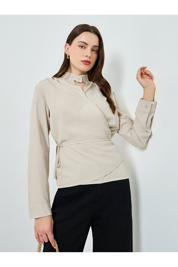 Khaki Wrap Top with Tie-Waist Detail