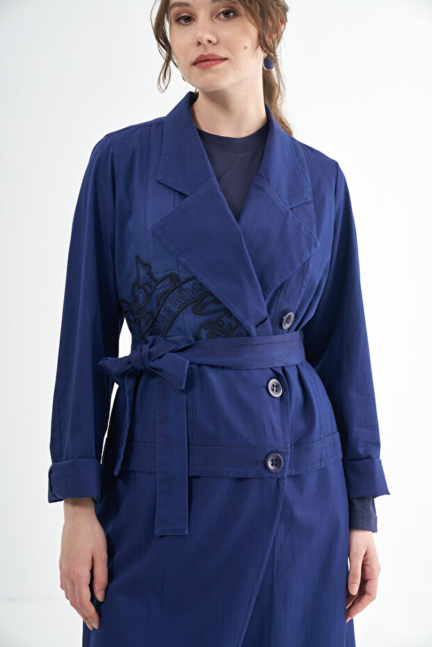 Nakış Detaylı Kot Pardesü - 5