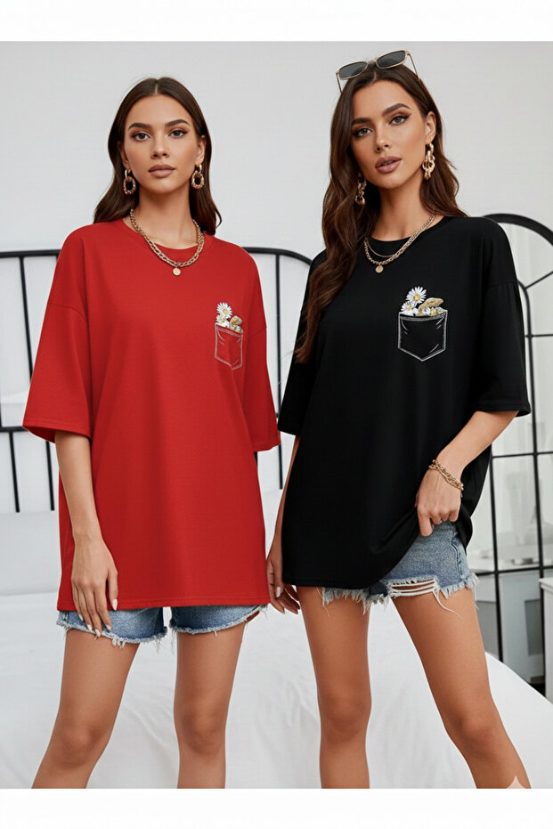 2-Pack Women's Printed Oversize Crew Neck Short Sleeve T-Shirt