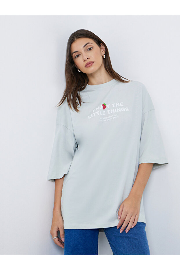 Light Blue Oversized Slogan T-Shirt