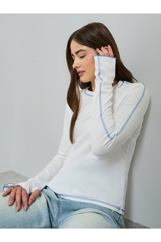 White Overlock Stitch Detail T-Shirt