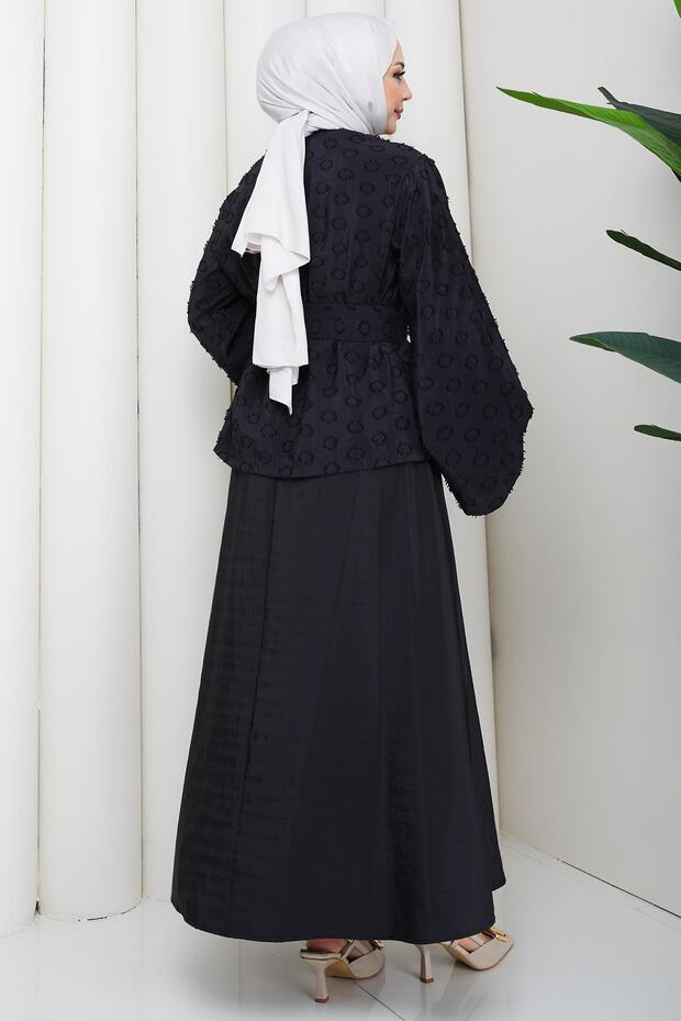 طقم مزدوج بنقش حلقي منقوش باللون الأسود HM2881 - 5