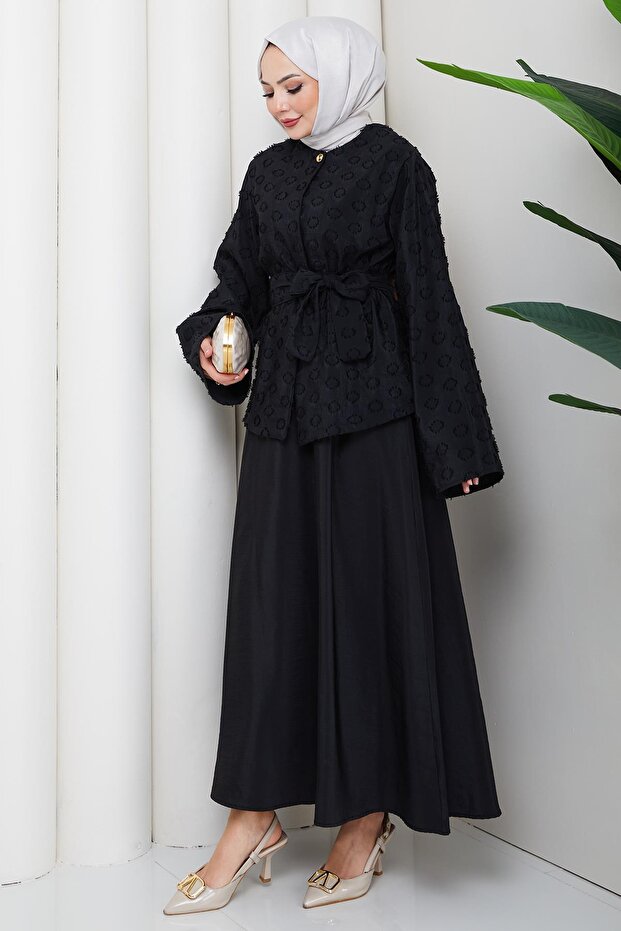 طقم مزدوج بنقش حلقي منقوش باللون الأسود HM2881 - 4