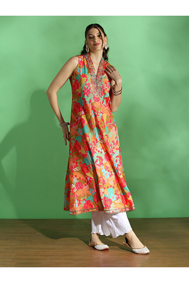 Floral Print Zari Work V-Neck Paneled Anarkali Festive Kurta