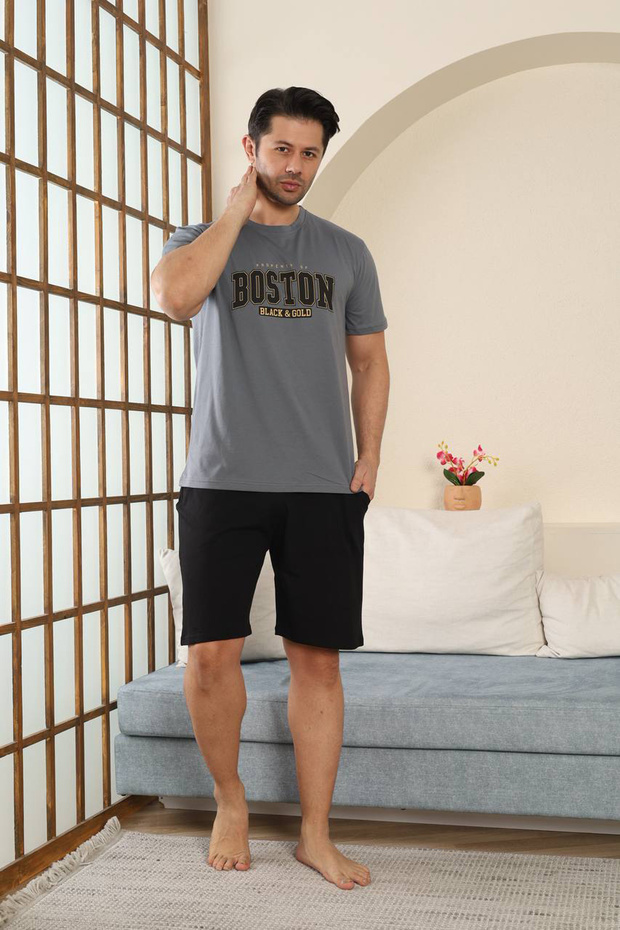 100% Cotton Short-Sleeve Pocketed Men's Shorts Pajama Set 2015