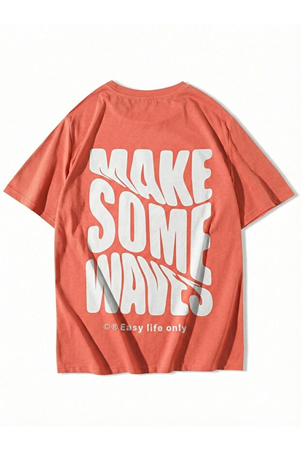تي شيرت سالمون كبير الحجم - مطبوع عليه عبارة Make Some Waves من الخلف للجنسين