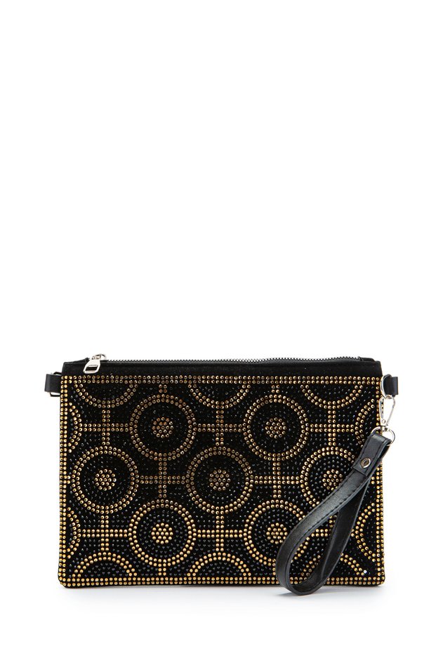 Stone Detailed Clutch Rexie Ring Gold Women's Evening Dress Bag