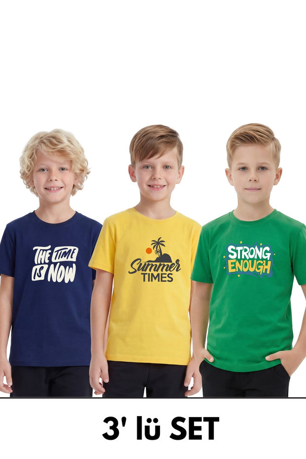 panios kids 3'lü Yuvarlak Yaka Baskı Detaylı Kısa Kollu Erkek Çocuk Tişört