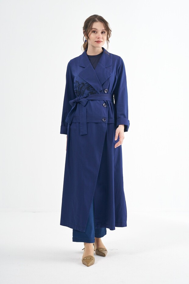 Nakış Detaylı Kot Pardesü - 1