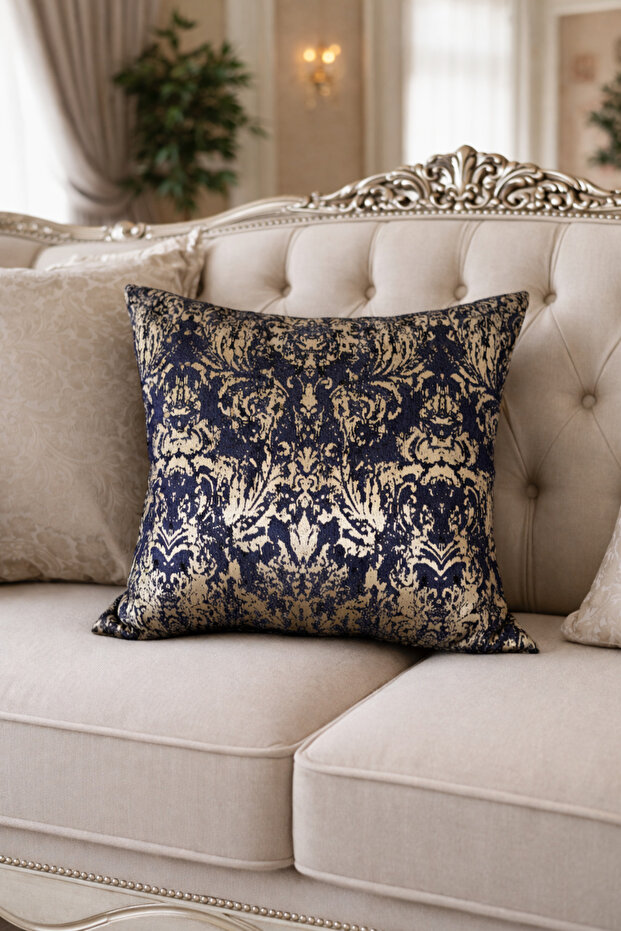 Lalezar Varaklı Throw Pillow Cover Navy Blue-Gold 47X47 cm