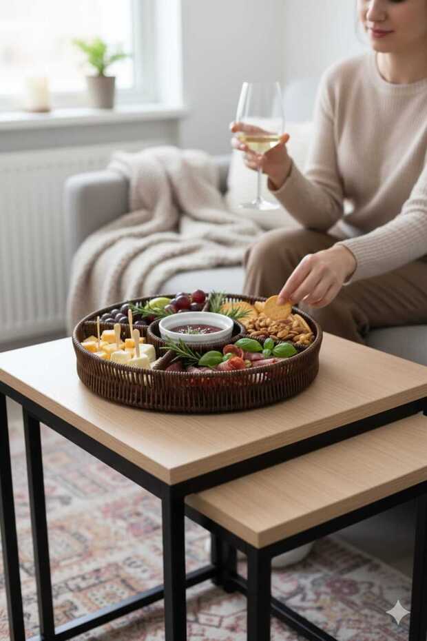 Premium Hand-Knitted Rattan Rotating Serving Tray & Snack Tray - 30X30 cm