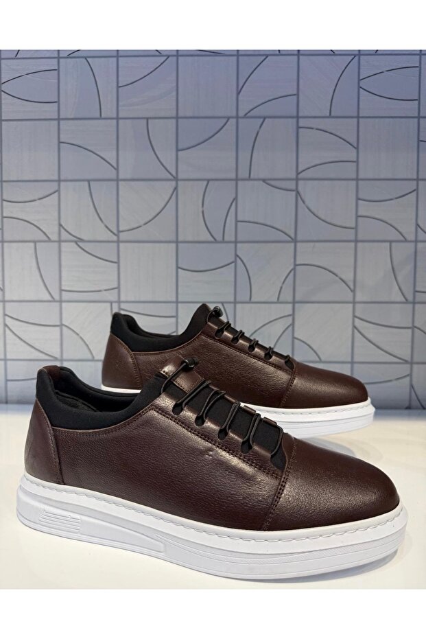 Ay 584 Brown White Sole Genuine Leather Rubber Lacing Detail Orthopedic Comfortable Daily Walking Shoes