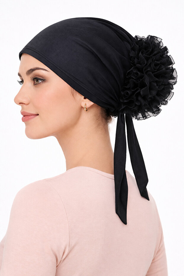 Black Combed Cotton Tulle Bun Cap — Tie-On Non-Slip Hijab Cap - Stitched Ruffle Cap Bandana
