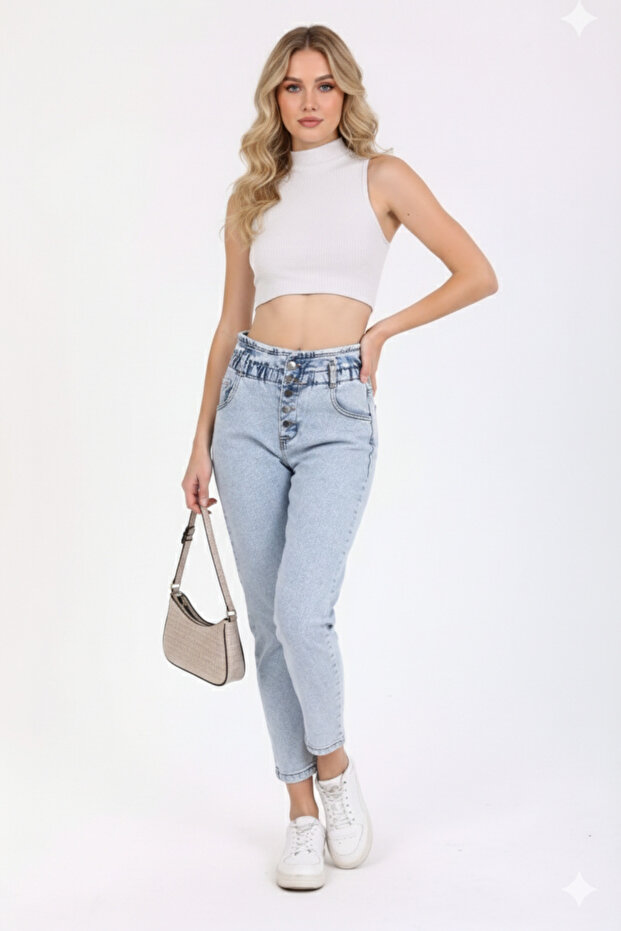 Women's Ice Blue Lycra High Waist Button Detailed Elastic Mom Jeans