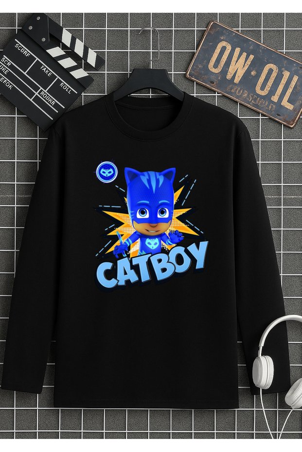 Pijamaskeli̇ler Pjmasks Printed Black Long Sleeve T-Shirt 100% Cotton and Organic