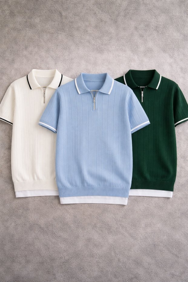 Men's Ribbed Knit Polo Collar T-Shirt 3-Piece Set - Non-Sweating Cotton Summer Knit
