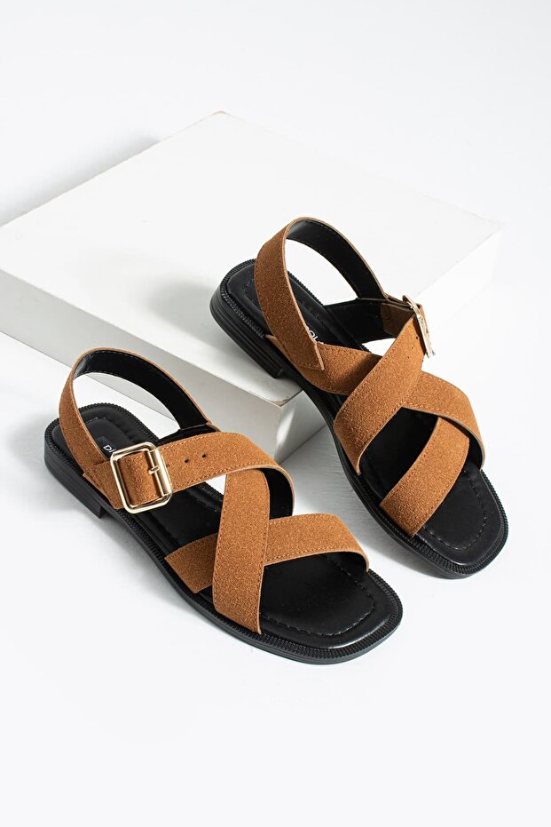 Women's Tan Suede Sandals Comfortable Flat Sole Casual Summer Cross Strap Buckle Javen