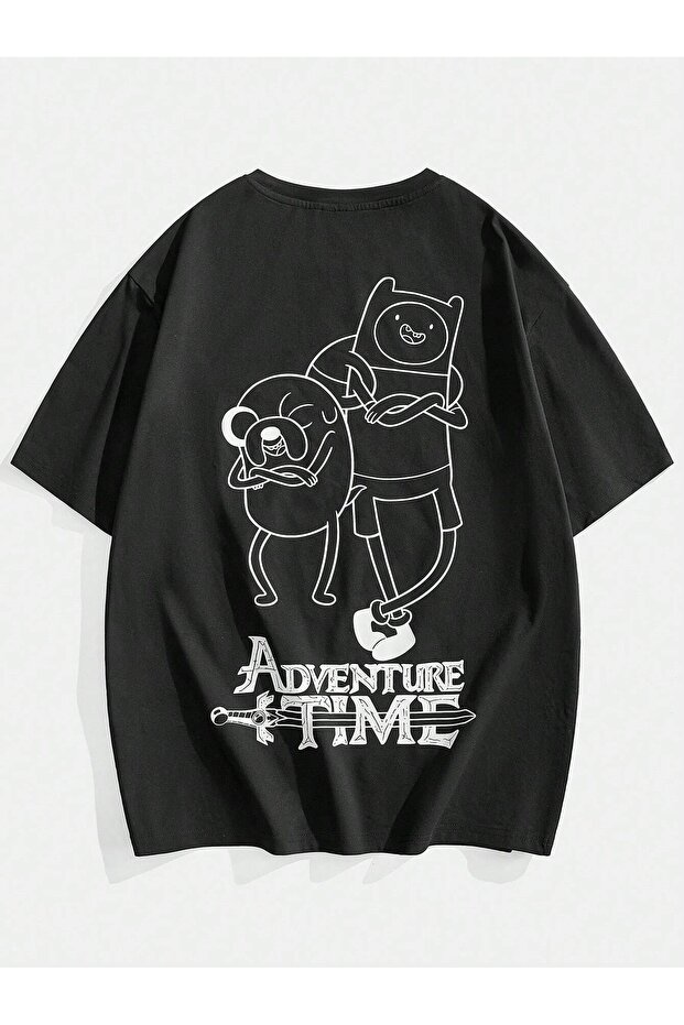 تي شيرت أسود كبير الحجم مطبوع عليه Adventure Time للجنسين، تي شيرت يومي مريح ذو تصميم أساسي