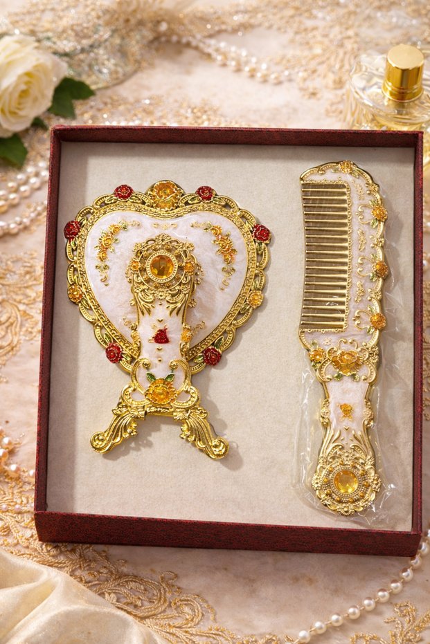 Luxury Heart Design Hand Mirror & Comb Set – Vintage Floral Embroidered Decorative Makeup Mirror