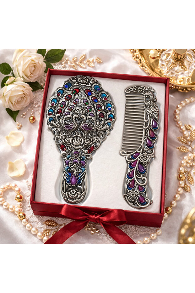 Ottoman Palace Collection Embroidered Hand Mirror and Comb Set with Antique Copper Stones, Luxurious Gift Boxed