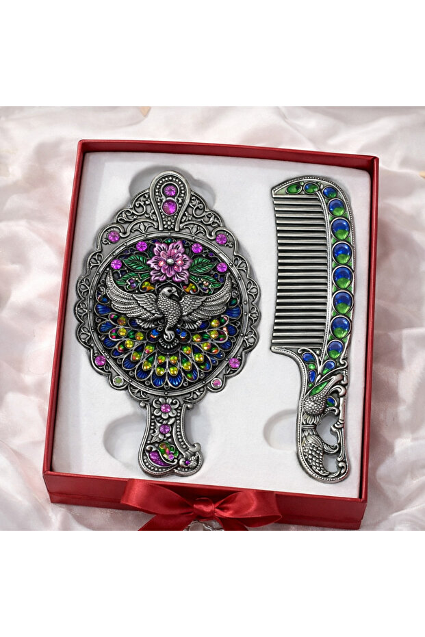 Ottoman Palace Collection Embroidered Hand Mirror and Comb Set with Antique Copper Stones, Luxurious Gift Boxed