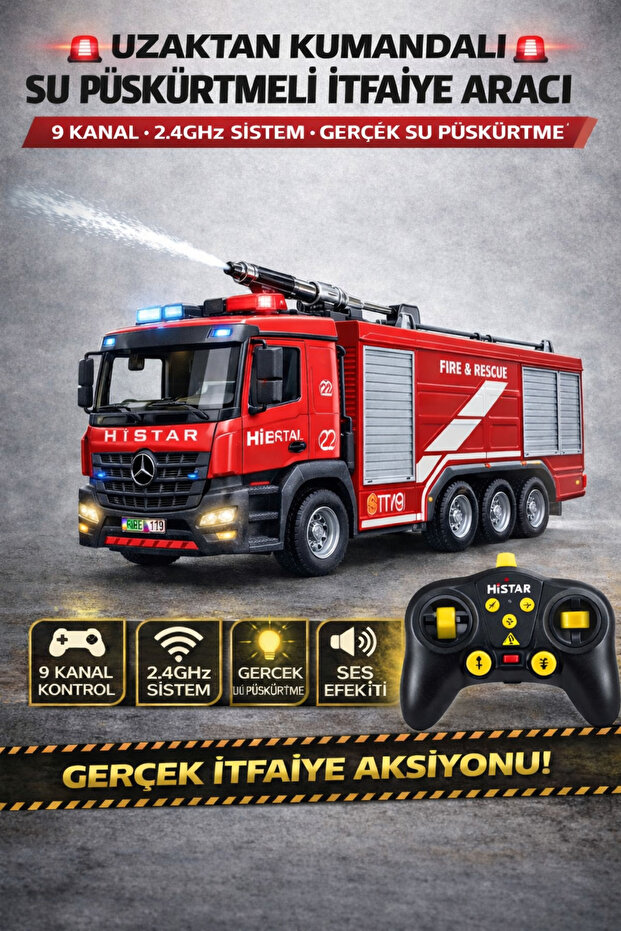 YILDIRIM OYUNCAK Uzaktan Kumandalı 45 CM 2.4 GHz 9 Kanallı İtfaiye Arabası | Işıklı Sesli Su Püskürten RC Model