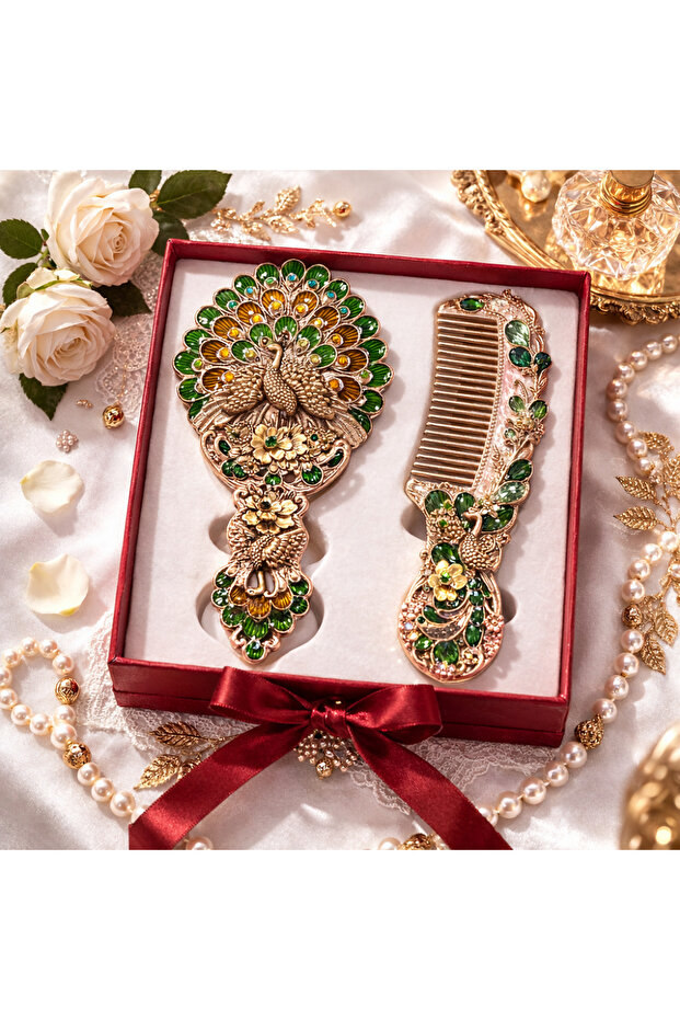 Ottoman Palace Collection Embroidered Hand Mirror and Comb Set with Antique Copper Stones, Luxurious Gift Boxed